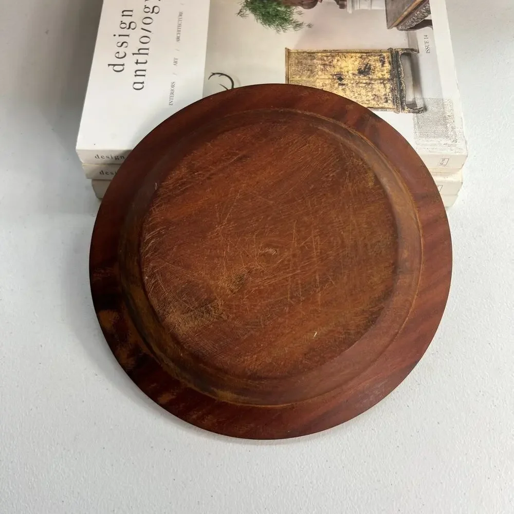 Vintage Dark Solid Wood Round Plate Tray 9